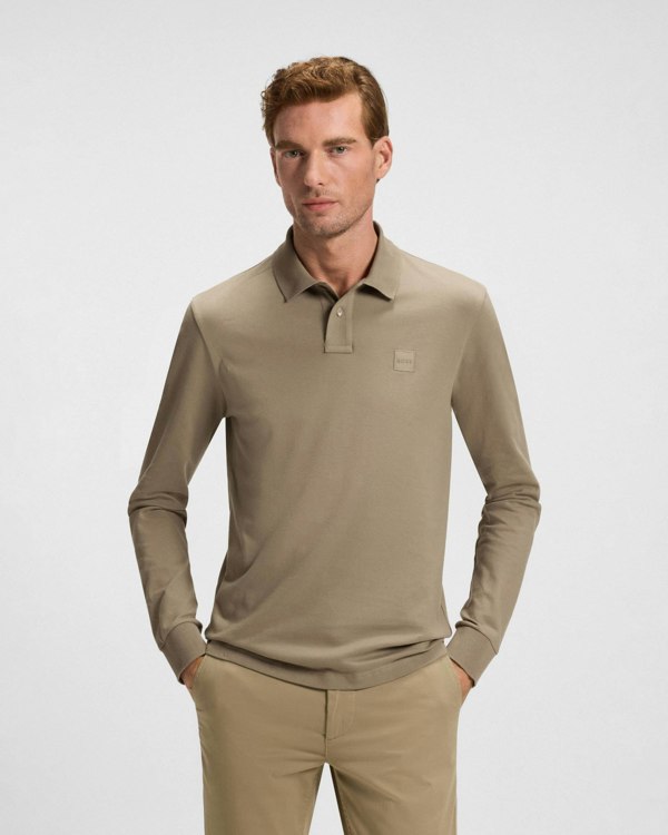 BOSS Orange Passerby Mens Long Sleeve Stretch-Cotton Polo Shirt with Logo Patch - Open Green 346
