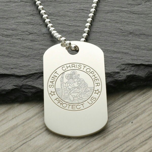 Christopher James of London Sterling Silver St Christopher Dog Tag With Optional Engraving and Chain