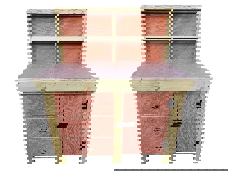 Arbor Garden Solutions Wooden Eucalyptus hardwood top workbench, cabinet with lockable cupboard (V.3) with back and double shelf