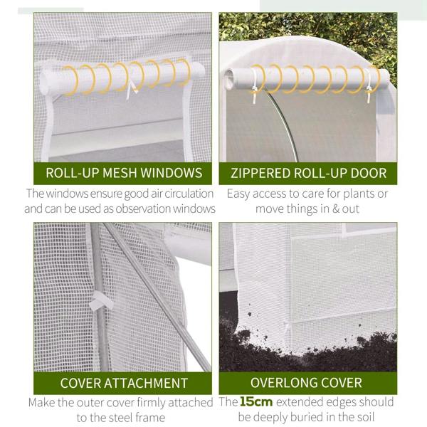 White polytunnel greenhouse with roll-up mesh windows and zipped roll-up door