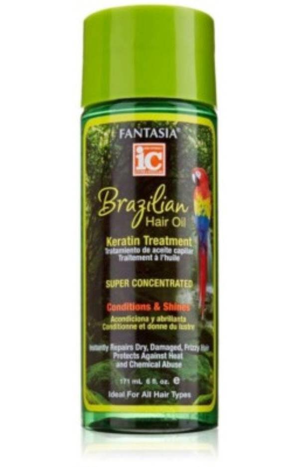 Fantasia Brazilian Hair Oil Keratin Treatment bottle with green cap on a white background