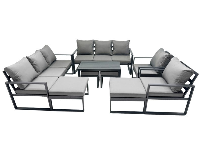 Fimous Outdoor Garden Furniture Set Aluminium Lounge 3 Seat Sofa Oblong Coffee Table Sets with 2 Chairs 4 Stools Dark Grey