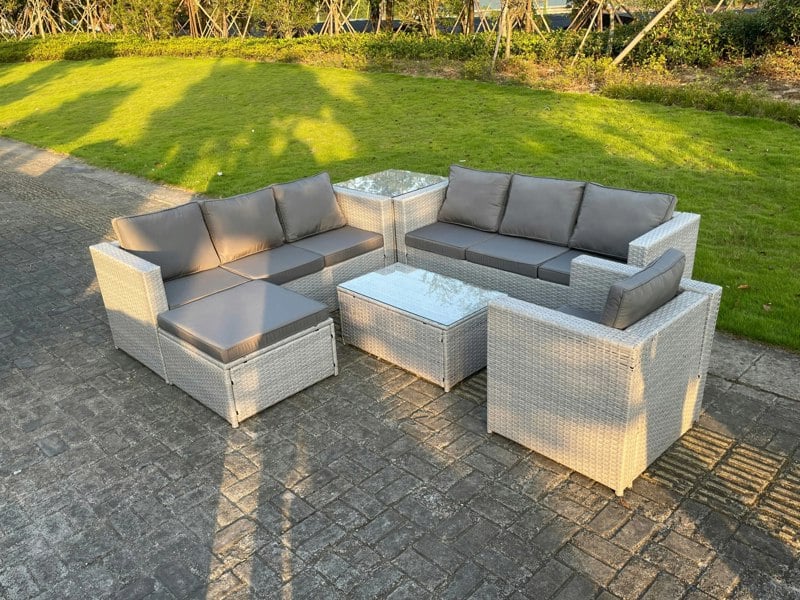 Fimous Light Grey PE Rattan Garden Furniture Set Corner Lounge Sofa Set Oblong Square Coffee Table Big Footstool Armchair