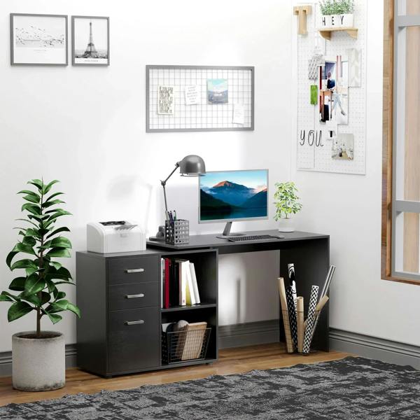 Black home office desk with drawer cabinet and open shelves for computer and supplies