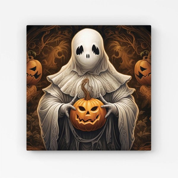 Warren Reed Spooky White Ghost Holding Pumpkin Canvas