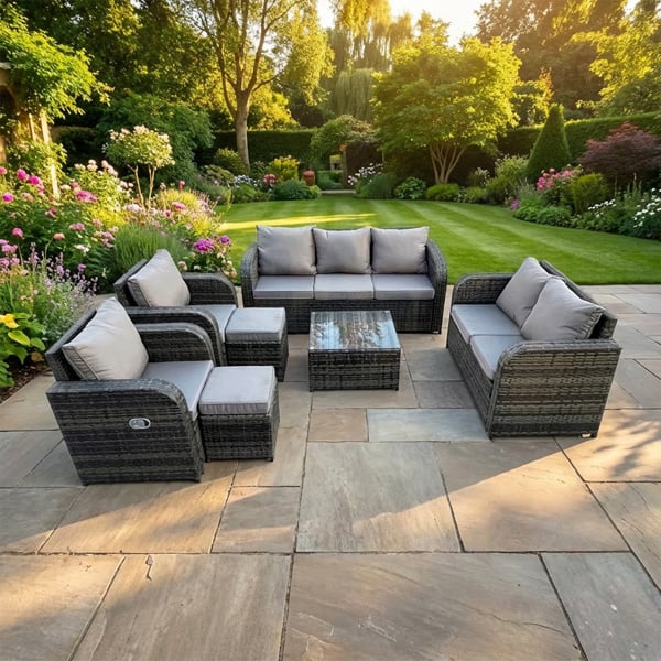 Fimous 9 Seater Rattan Garden Furniture Set with 2 Sofas, 2 Chairs, Coffee Table & 2 Small Footstools - Dark Grey Mixed