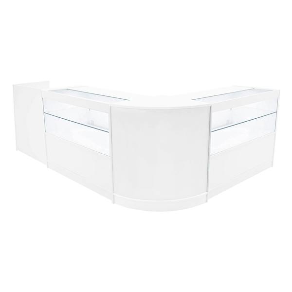 White Phoenix LED Shop Counter Set featuring a sleek, modern design with glass display sections and smooth surfaces, ideal for retail spaces