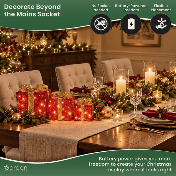 Set of 3 Light-Up Red Christmas Parcels with Gold Bows, 35 White LEDs, Static & Flash Modes, Battery Powered Chain Decoration
