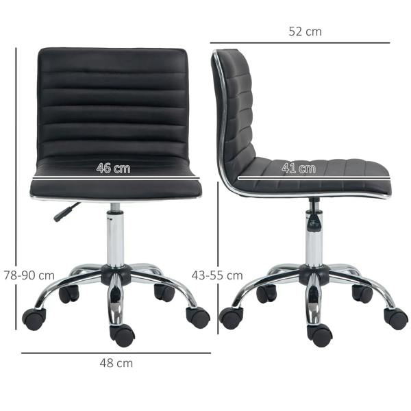 Black armless swivel office chair with faux leather seat and chrome base, side view.