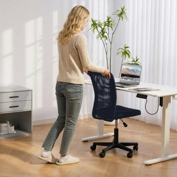 Bobobiy Computer Desk Chair, Mesh Office Chair with Adjustable Height and Swivel Wheels, Armless Study Chair, Dark Grey