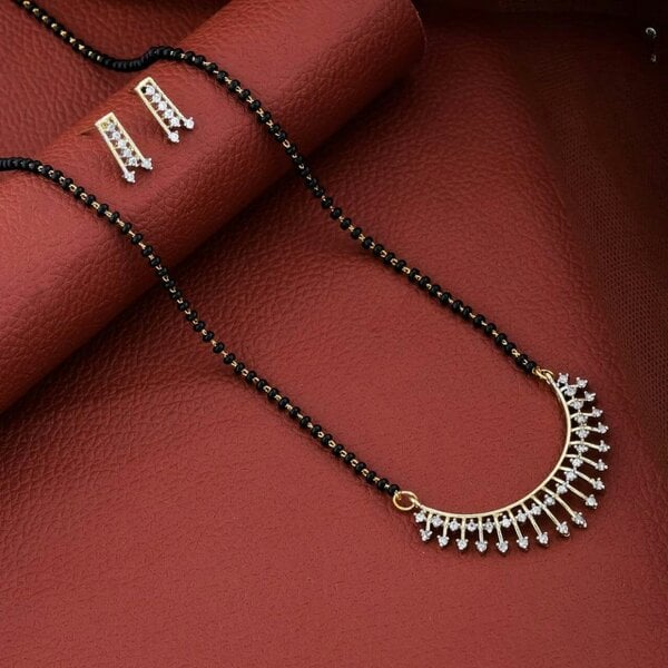 The Colourful Aura Indian Nazaria Gold Sunburst Zircon Mangalsutra Black Beads Pendant Necklace