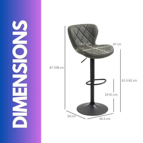 Rafaelo Mobilia 2PC Height Adjustable 360 Swivel Bar Stools Set Dark Grey