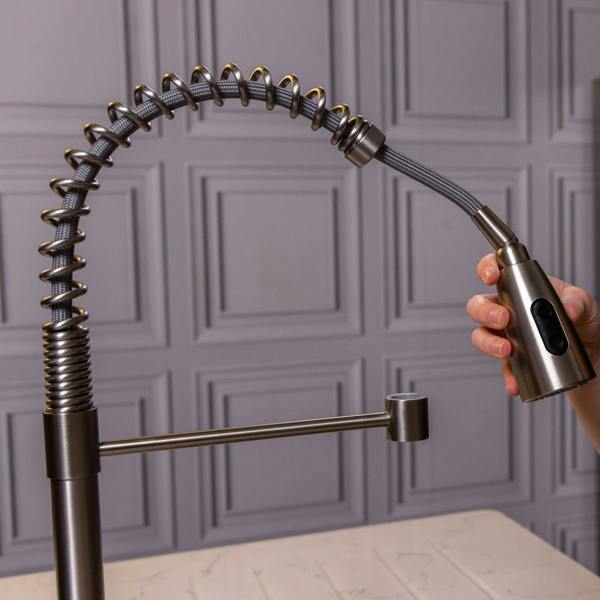 Flode Fjädra | Pull Out Kitchen Sink Mixer Tap | Spring Style Mixer Tap | Brushed Steel | Oval Head