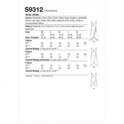 Simplicity Sewing Pattern 9312, Aprons for Women, A (XS-S-M-L-XL) - Intermediate