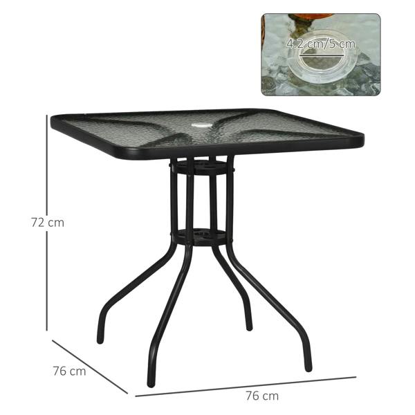 Black square outdoor dining table with tempered glass top and umbrella hole, side view