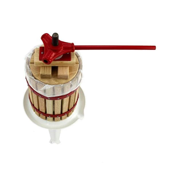 KuKoo Fruit Crusher features a wooden barrel with a red metal press handle, designed for efficient fruit pressing and juicing