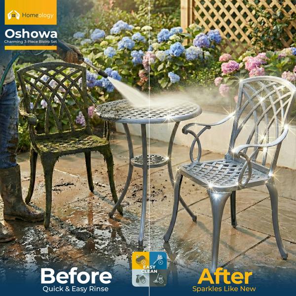 Homeology OSHOWA Grey Aluminium Weatherproof Outdoor Table and 2 Comfortable Chairs with Armrests Bistro Set