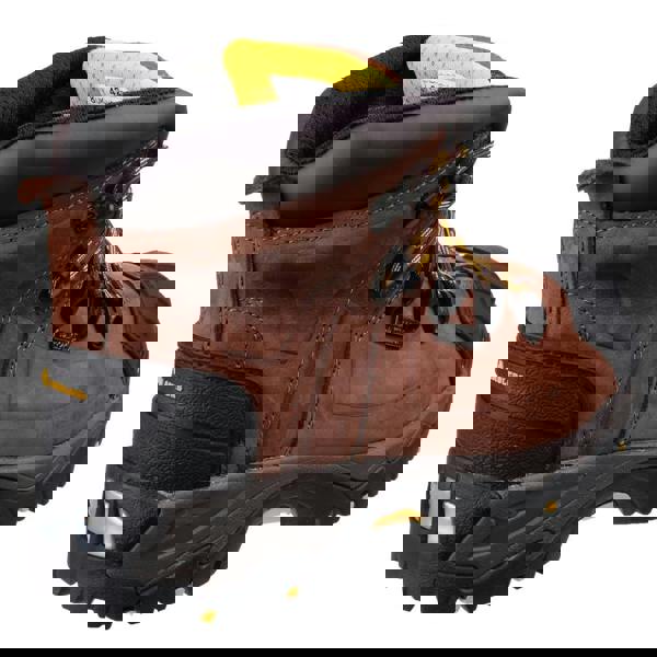 Amblers Safety Amblers FS33/39 Mens S3 Steel Toe Waterproof Safety Ankle Boots, close-up of the brown leather safety boots with steel toe cap, black rubber sole, and yellow accents.