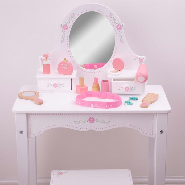 Bigjigs Toys Wooden Vanity Kit For Kids - Pretend Play Beauty Cosmetic Makeup Set