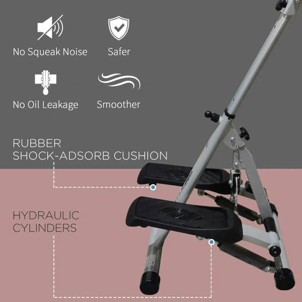 Grey stepper featuring hydraulic cylinders, shock-absorbing cushion, and pedals