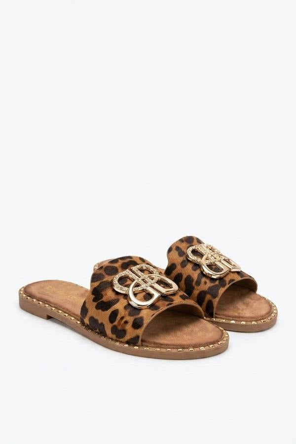 Abby Sparkle Buckle Gold Studded Flat Sandals - Leopard_wb