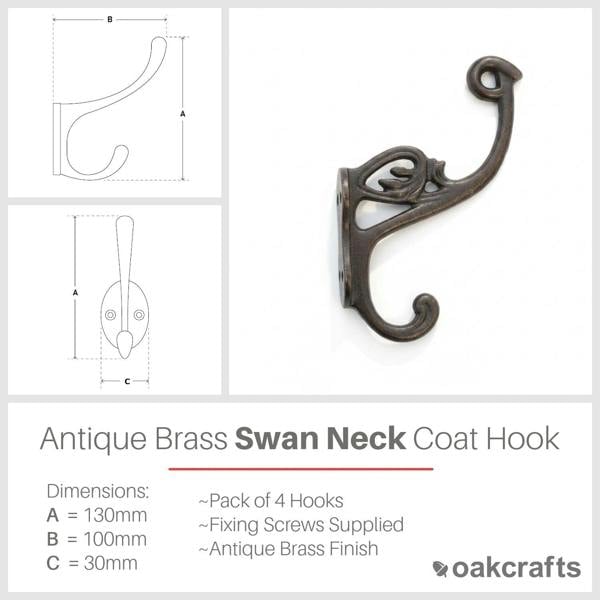 Antique Brass Swan Neck 4 Hole Hat & Coat Hook - 130mm
