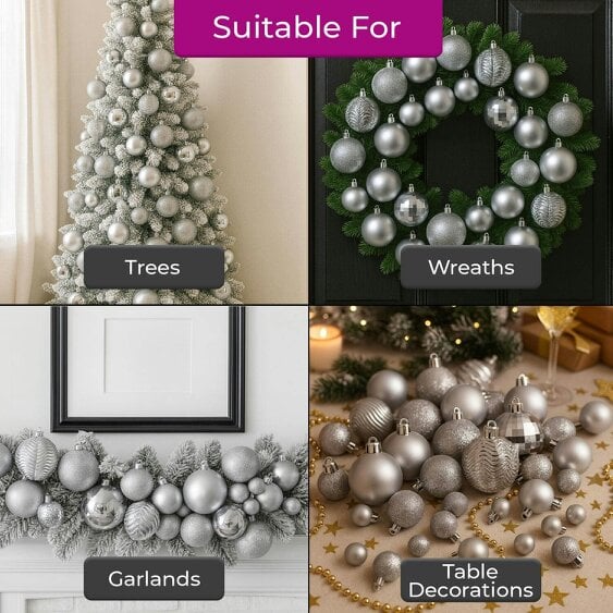 Neo Silver 36 Christmas Tree Ornaments Set Baubles Glitter Balls Holiday Festive Decorations Assorted Sizes Colours Home Party Décor