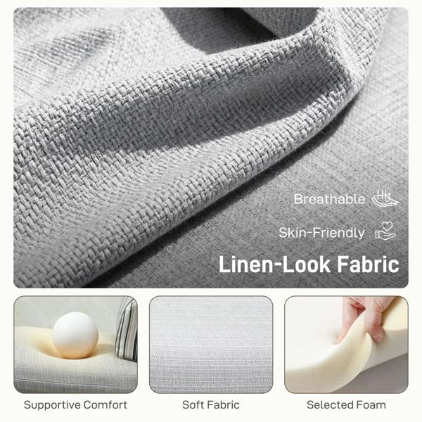 Light grey linen-look fabric sofa bed cushion with textured weave close-up