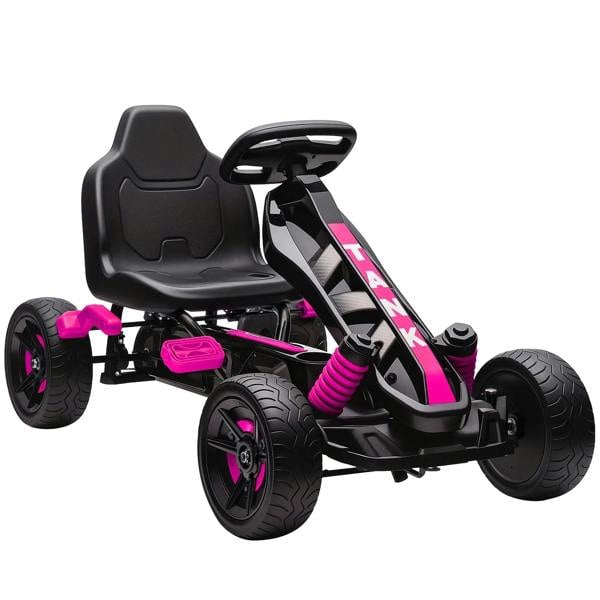 Kids pedal go-kart with pink frame, black seat and steering, four EVA-style wheels