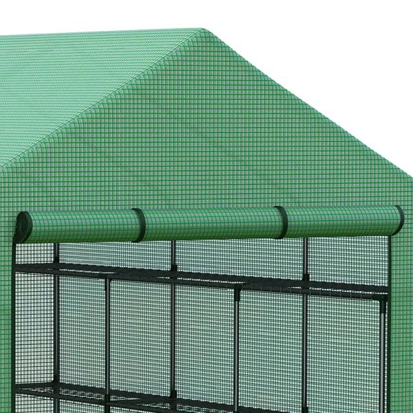 Dark green greenhouse roof edge and tubular frame with mesh PE cover
