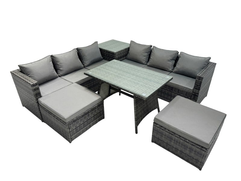 Fimous Outdoor Corner Sofa Dining Table Set Garden Rattan Furniture Set 8 Seater with Side Table 2 Big Stools Dark Grey