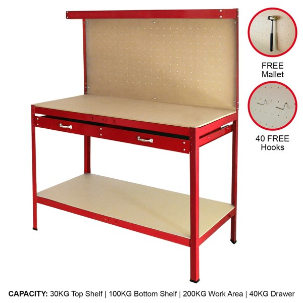 Monstershop Workbench with Pegboard and Drawer - Red