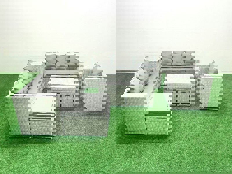 Fimous Wicker PE Rattan Sofa Garden Furniture Set with Oblong Coffee Table Armchair 3 Footstools Side Table Light Grey Mixed