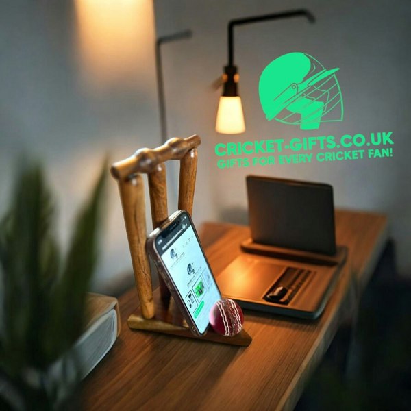 CRICKET-GIFTS - Desktop Phone Holder | Real Wood Design | Ideal for Cricket Fans | 8-Inch Size Fits All Mobiles