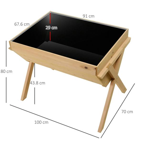 Raised wooden plant bed with open tray, side support braces, and angled legs.