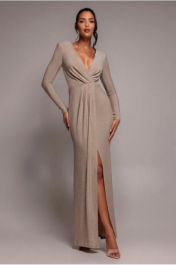 Plunge Neck Wrap Front Split Lurex Maxi Dress - Nude DR3314