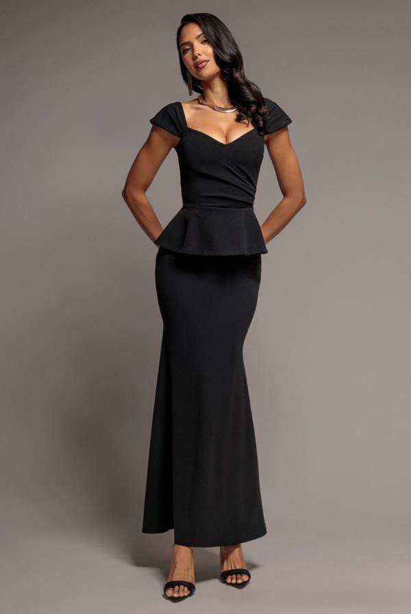 Cap Sleeve Sweetheart Peplum Scuba Maxi Dress - Black DR5302