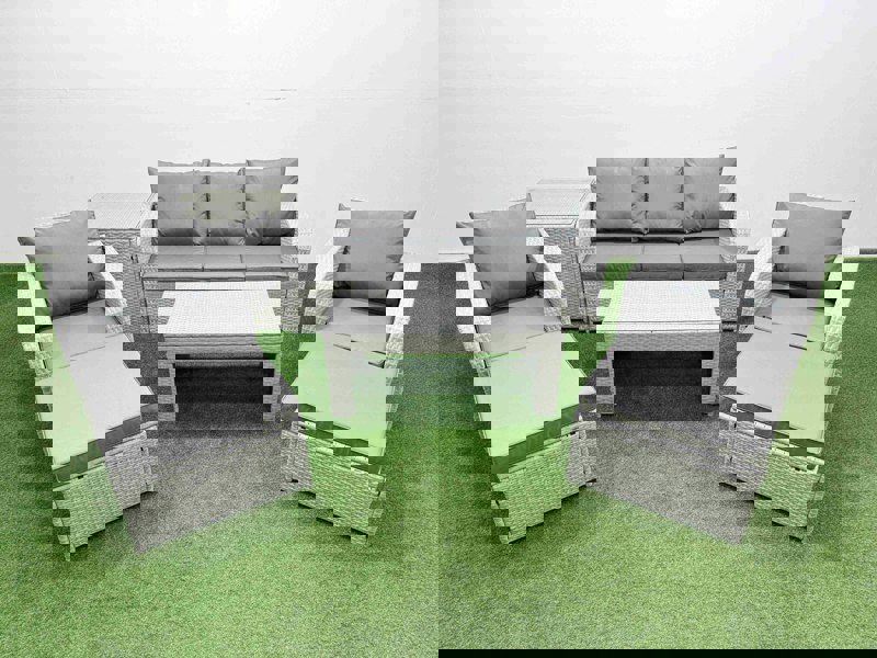 Fimous PE Rattan Garden Furniture Set Reclining Chair Sofa Lounge Sofa Set Rectangular Coffee Table Side Table 2 Big Footstool Light Grey
