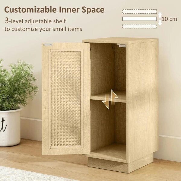 Bobobiy Set of 2 Bedside Tables with Rattan-Decor Doors, Boho Slim Nightstands with Adjustable Shelf, Natural Wood Finish