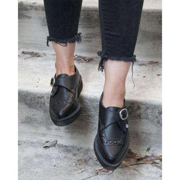 TUK Footwear TUK Pointed Creeper Black Leather Monk Buckle Platform Shoes - A8520