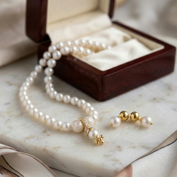 The Colourful Aura White Pearl Pink Quartz Necklace & Earring Set