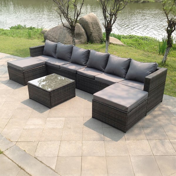 Fimous 8 Seater Rattan Sofa Set with 2 Footstools & Coffee Table - Dark Grey