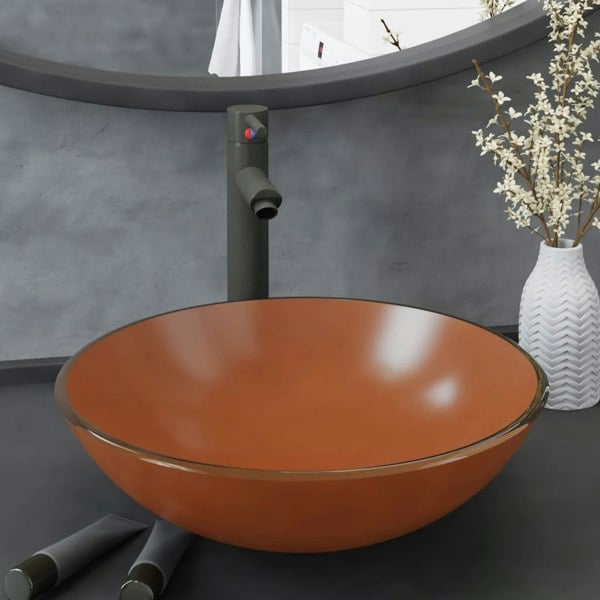 Berkfield Bathroom Sink with Tap and Push Drain Brown Tempered Glass