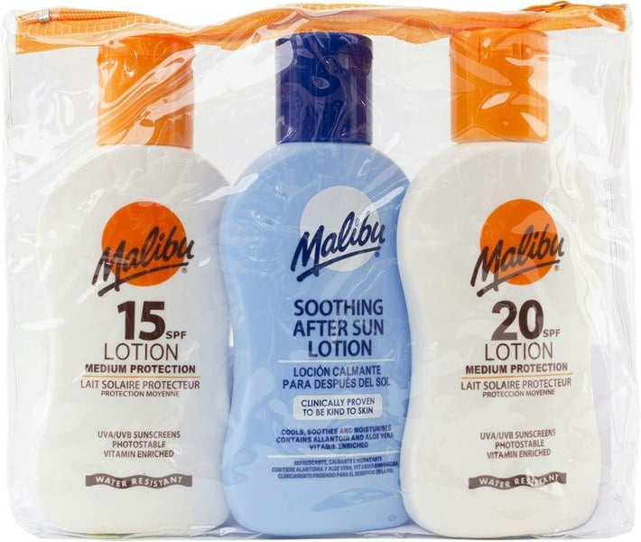 Malibu Sun Travel Essentials with Suncream Protection and Soothing Aftersun Lotion, Water Resistant, SPF 15 and 20, Multipack, 3 x 100ml