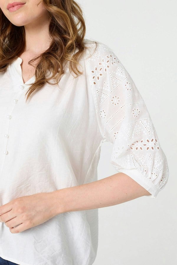 White | Broderie Anglaise 3/4 Puff Sleeve Blouse
