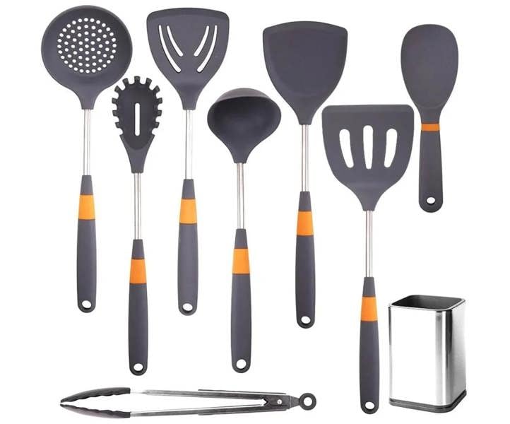 Anygleam 7-Piece Cooking Utensil Set (Grey) – Heat-resistant tools with rice spatula and storage, safe and ideal for nonstick cookware use.