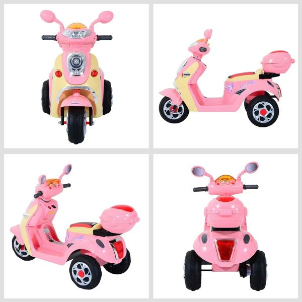 Pink ride-on motorcycle toy shown in multiple angles with wheels and front headlight