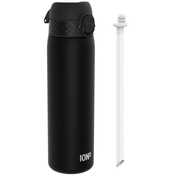 A black ION8 water bottle sits beside its detached white straw against a white background.