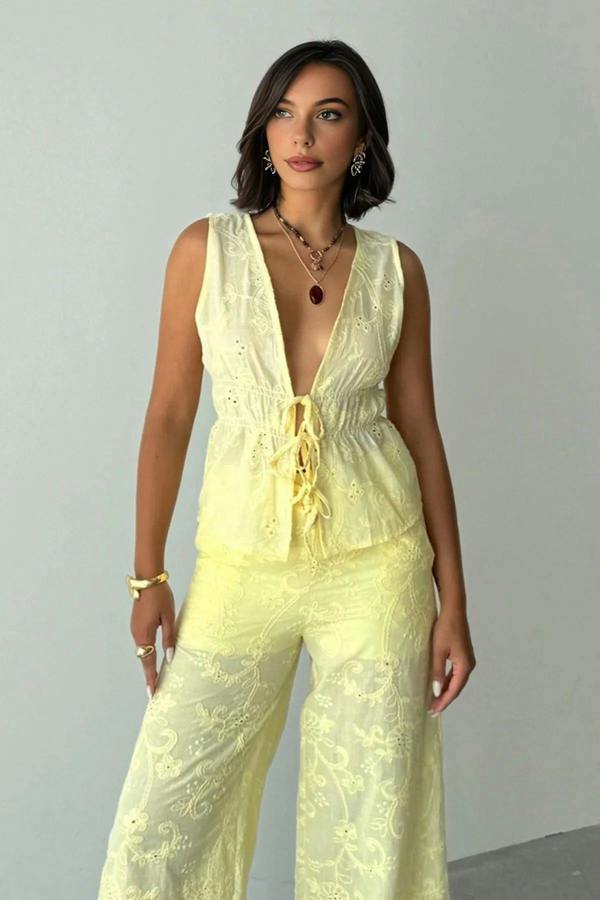 WOVCOR Embroidered Tie Front Blouse