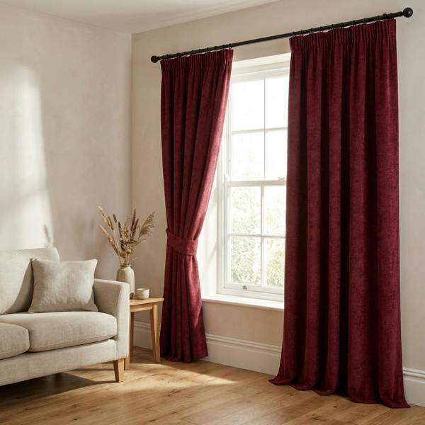 Castello made-to-measure curtains in Claret, styled in a living room